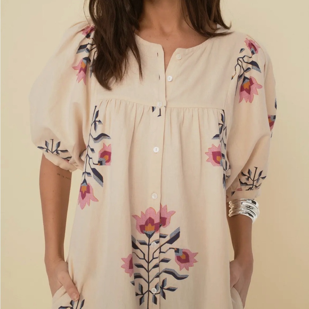 Bohemian Floral Cream Maxi Dress with Pink Accents